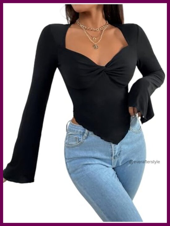 Tops - Women's Long Sleeve Asymmetrical Crop Top Viscose Blend